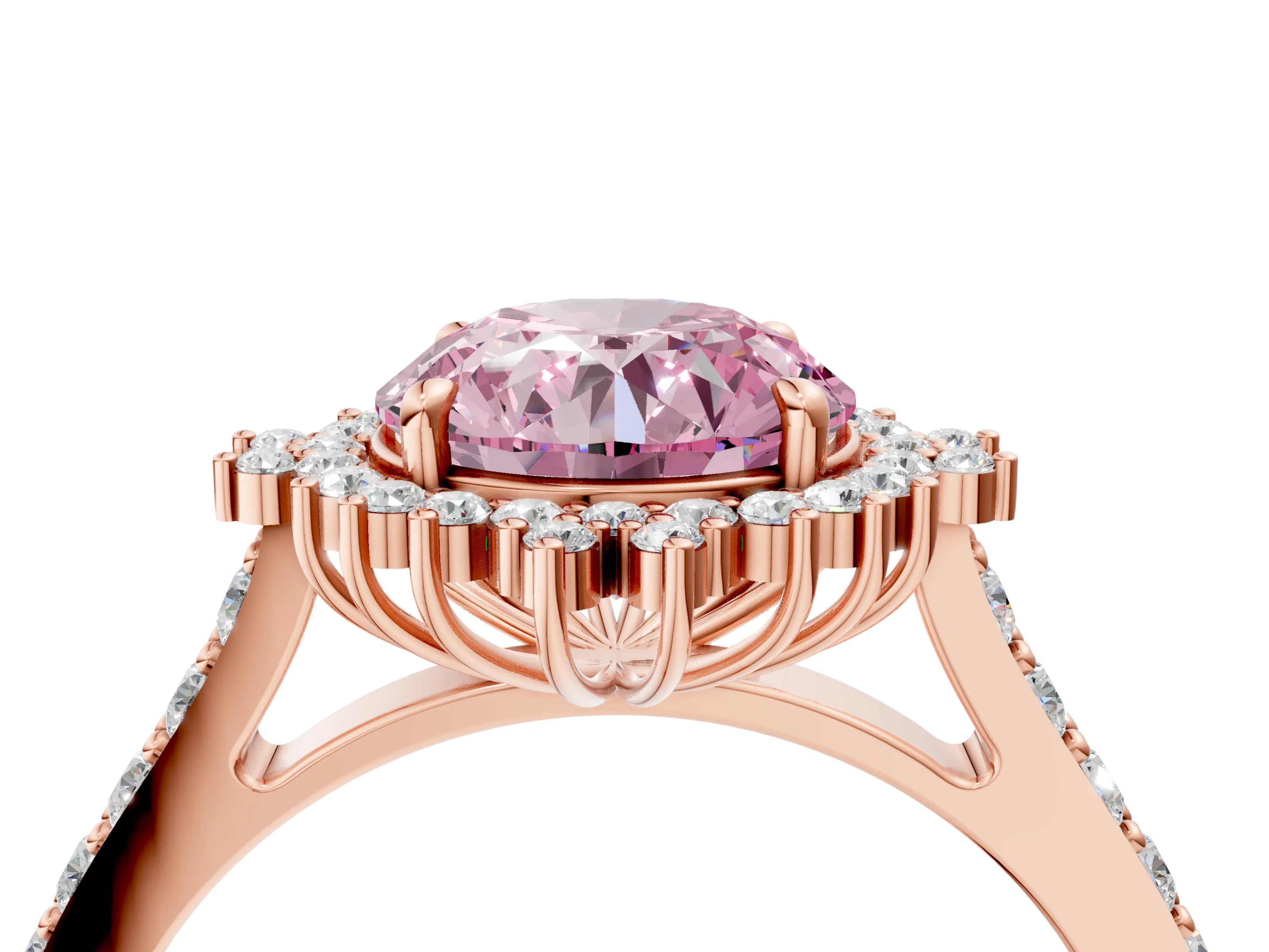 Rose gold Fancy Pink Round Cut Cut Diamond Sunburst Halo Engagement Ring with Pavé Band_4