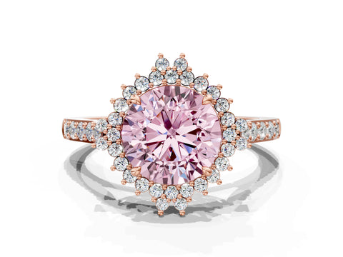 Rose gold Fancy Pink Round Cut Cut Diamond Sunburst Halo Engagement Ring with Pavé Band