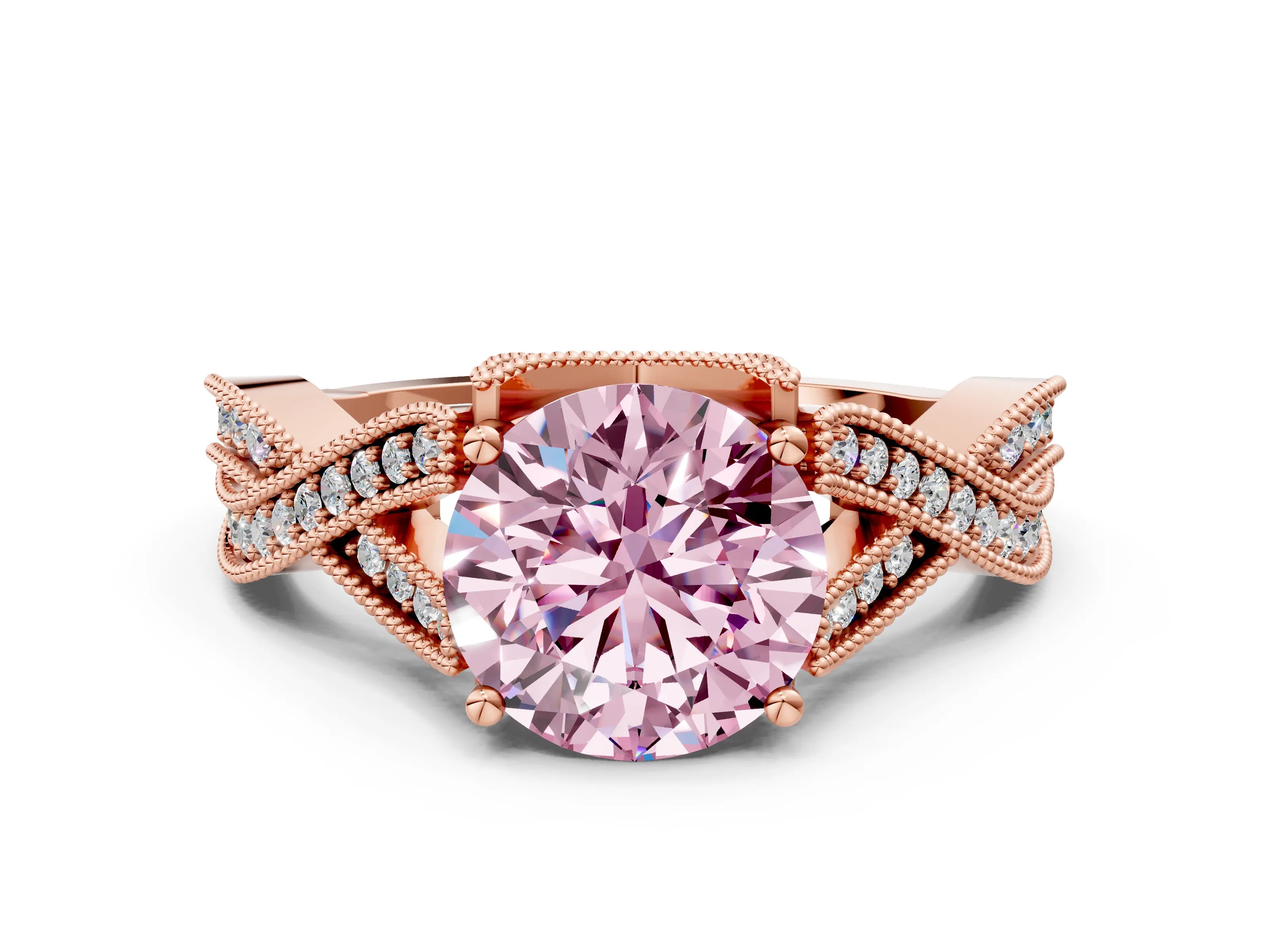 Rose gold Fancy Pink Round Cut Cut Diamond Twisted Band with Milgrain Pave Setting and Four-Prong Setting