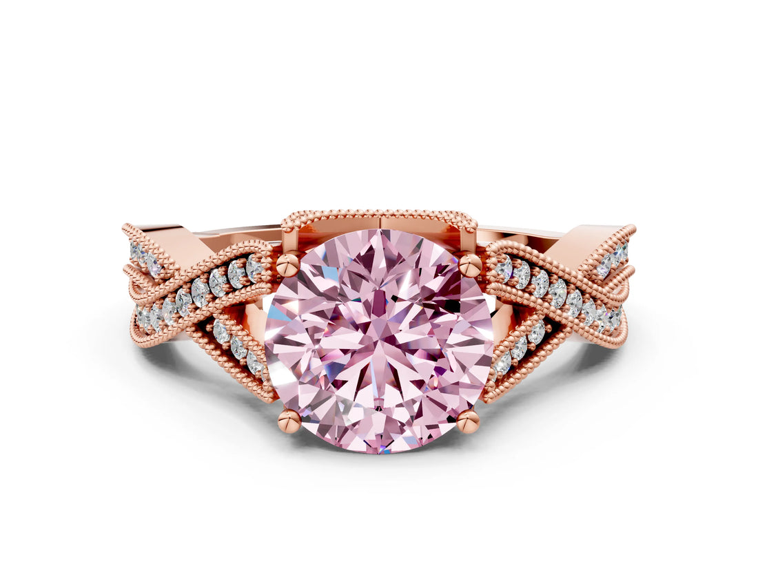 Rose gold Fancy Pink Round Cut Cut Diamond Twisted Band with Milgrain Pave Setting and Four-Prong Setting