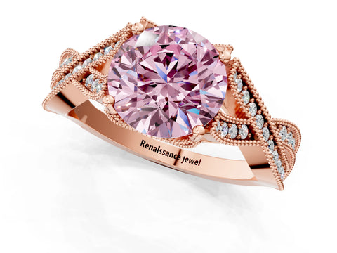 Rose gold Fancy Pink Round Cut Cut Diamond Twisted Band with Milgrain Pave Setting and Four-Prong Setting_1