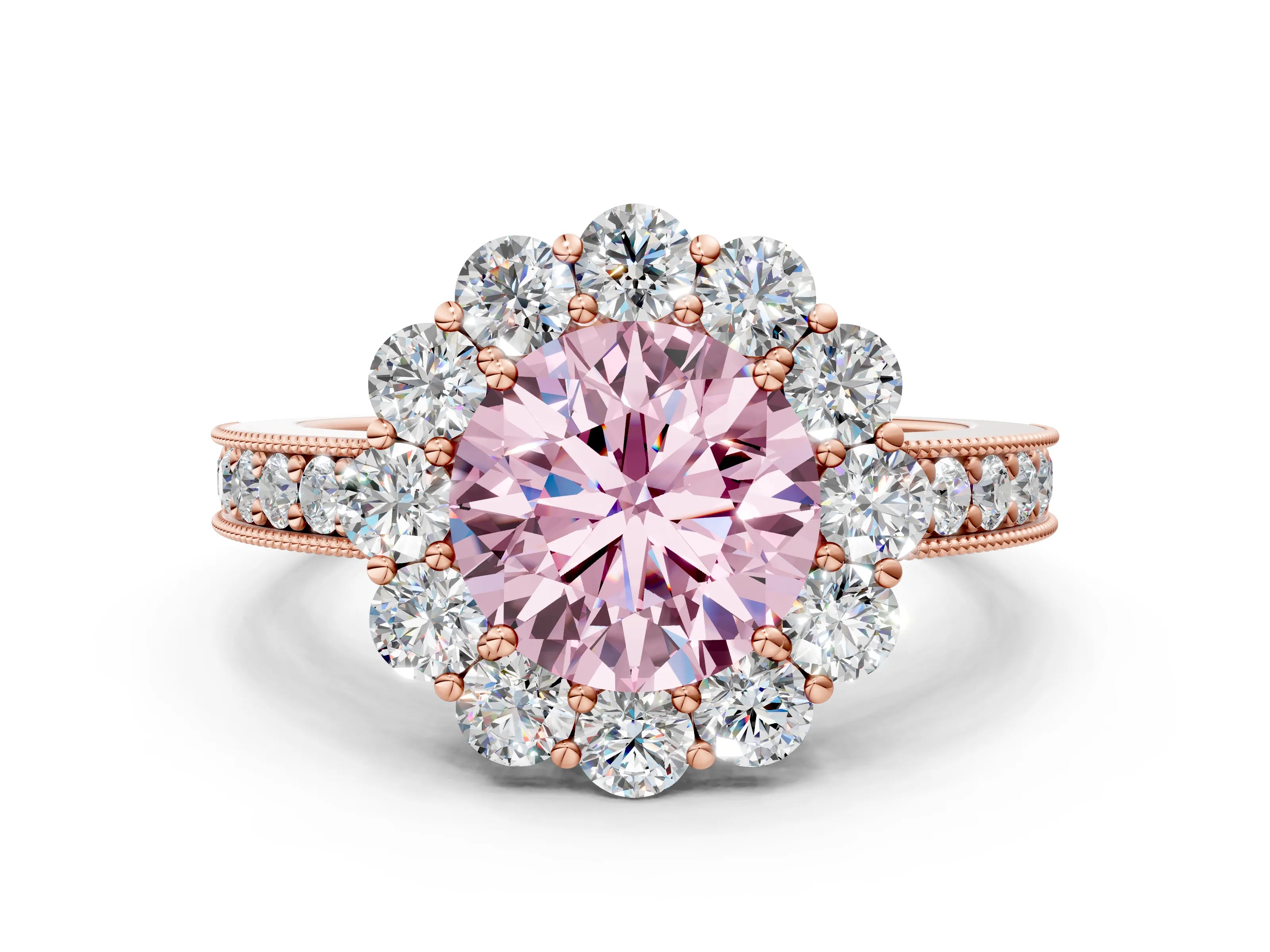 Rose gold Fancy Pink Round Cut Cut Halo Diamond Pavé Engagement Ring with Milgrain Detailing