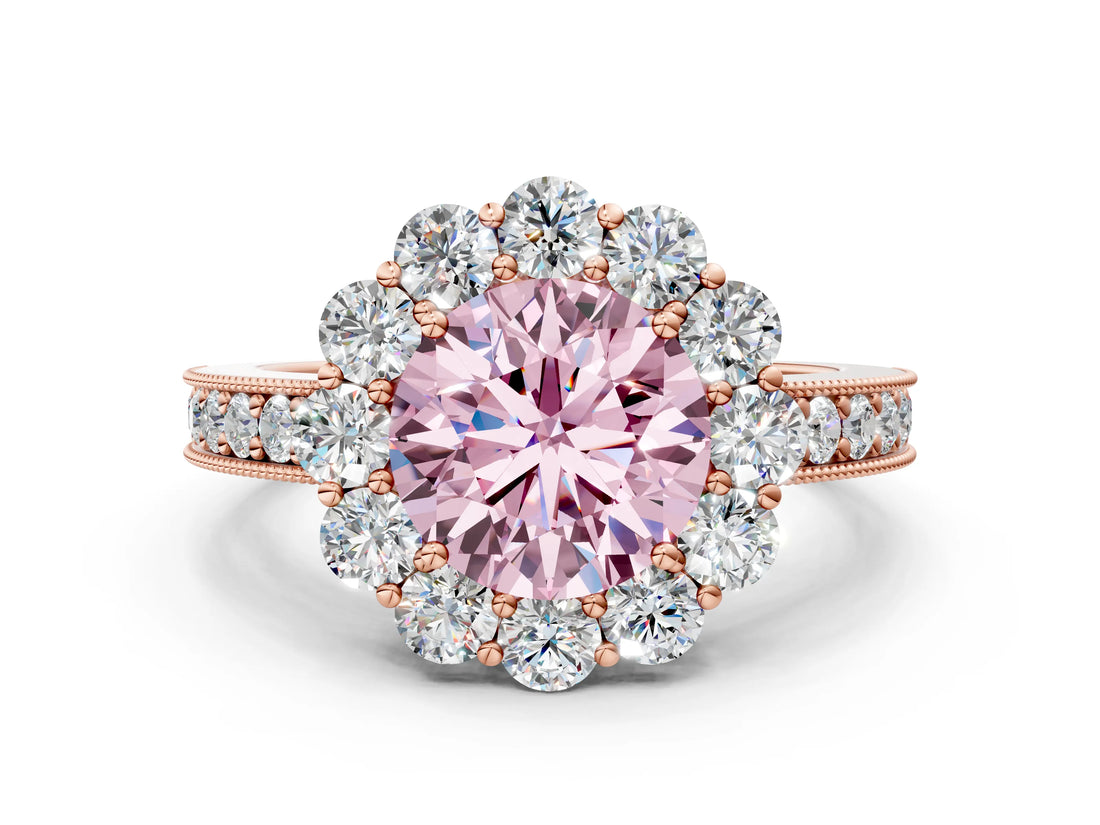 Rose gold Fancy Pink Round Cut Cut Halo Diamond Pavé Engagement Ring with Milgrain Detailing
