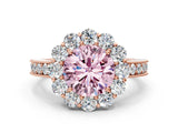 Rose gold Fancy Pink Round Cut Cut Halo Diamond Pavé Engagement Ring with Milgrain Detailing