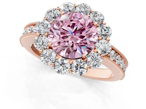 Rose gold Fancy Pink Round Cut Cut Halo Diamond Pavé Engagement Ring with Milgrain Detailing_1
