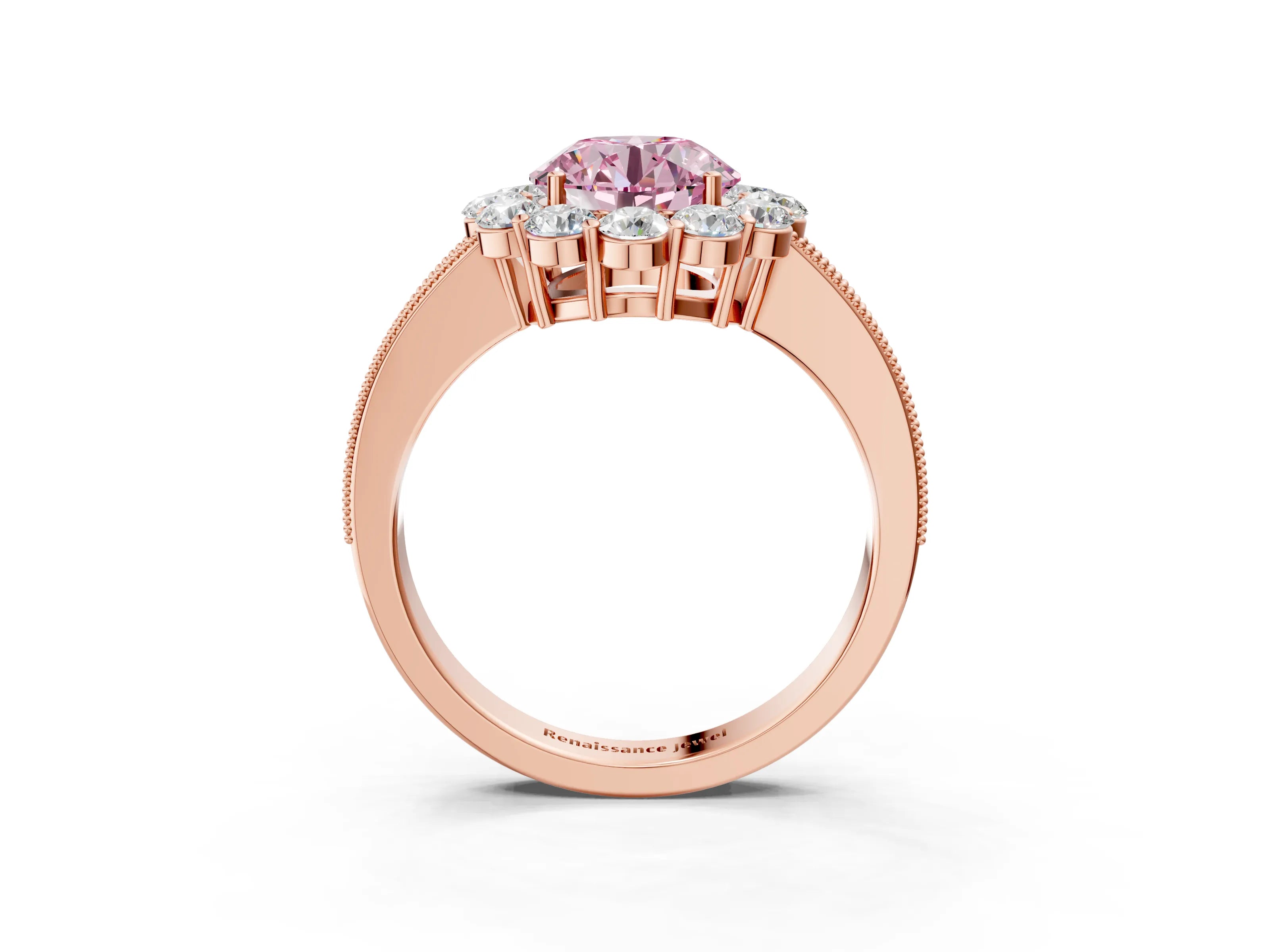 Rose gold Fancy Pink Round Cut Cut Halo Diamond Pavé Engagement Ring with Milgrain Detailing_3