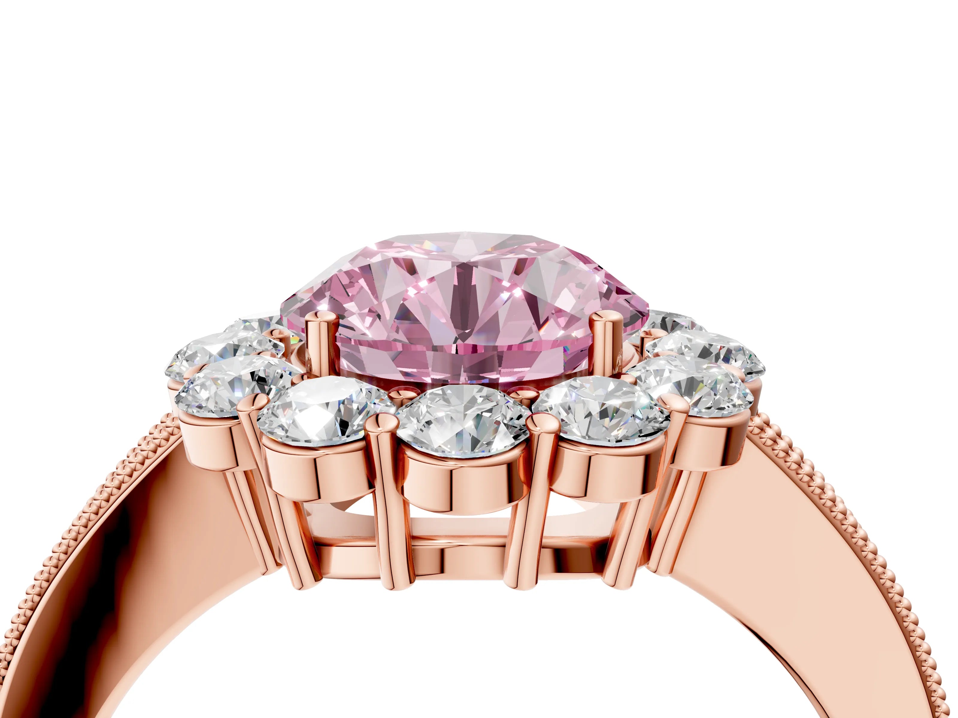 Rose gold Fancy Pink Round Cut Cut Halo Diamond Pavé Engagement Ring with Milgrain Detailing_4