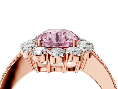 Rose gold Fancy Pink Round Cut Cut Halo Diamond Pavé Engagement Ring with Milgrain Detailing_4