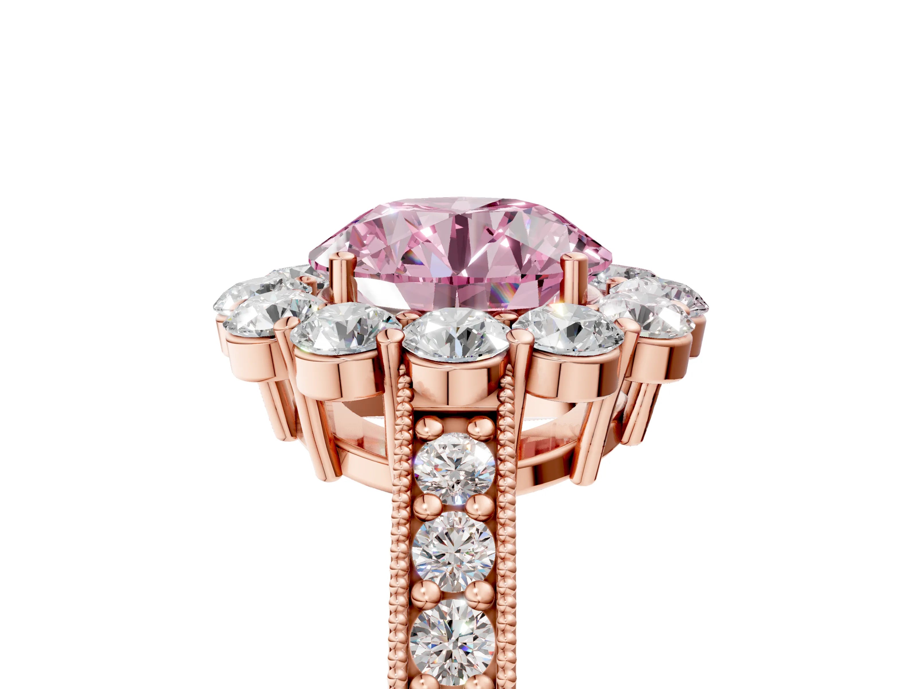 Rose gold Fancy Pink Round Cut Cut Halo Diamond Pavé Engagement Ring with Milgrain Detailing_5