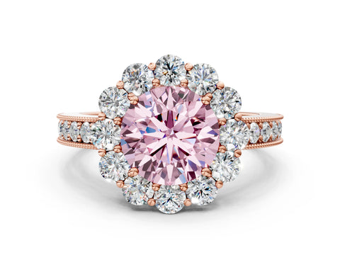 Rose gold Fancy Pink Round Cut Cut Halo Diamond Pavé Engagement Ring with Milgrain Detailing