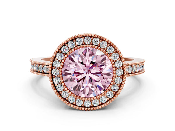 Rose Gold Round Double Milgrain Halo Engagement Ring Setting for Fancy Pink Center