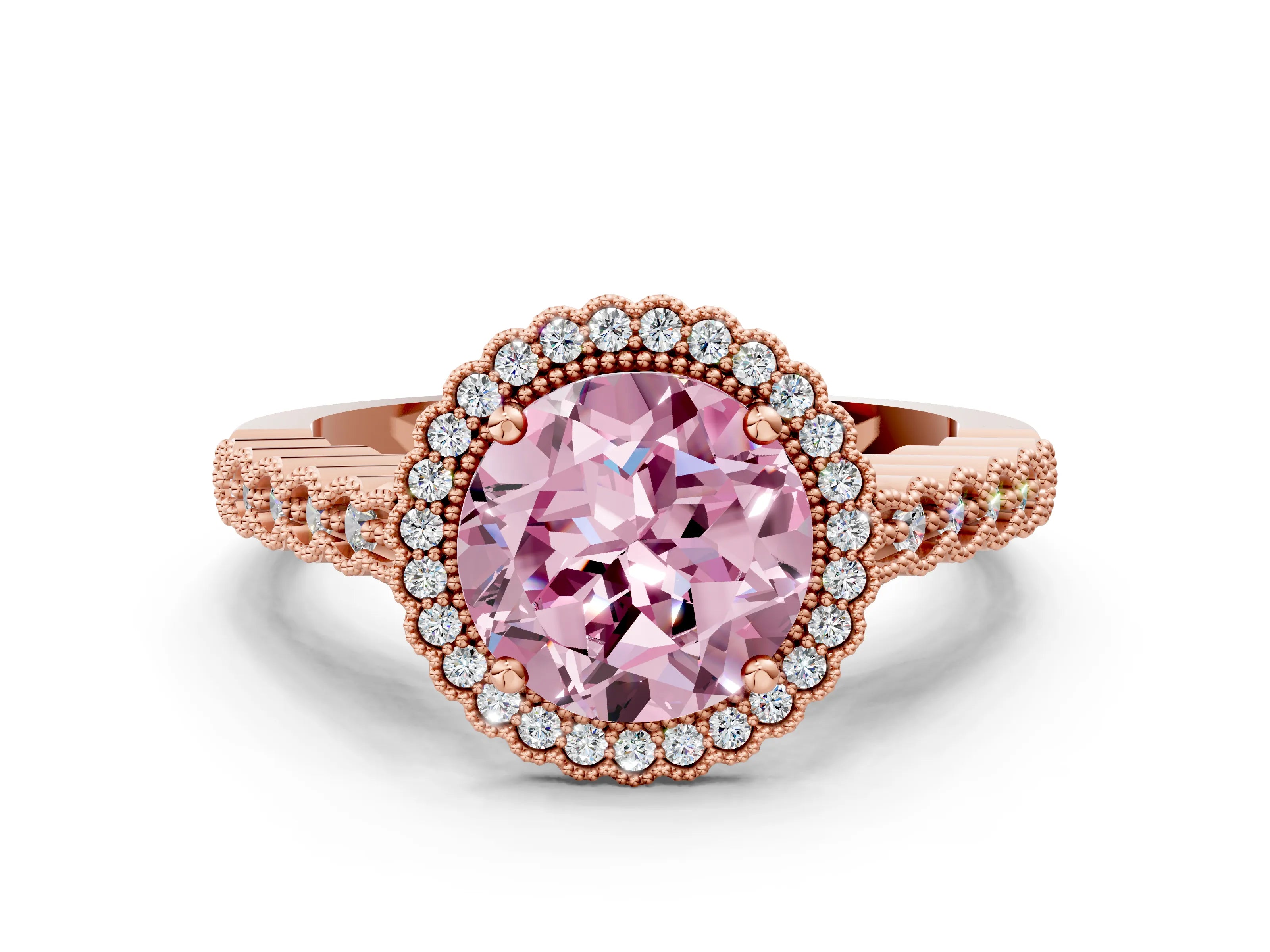 Rose gold Fancy Pink Round Cut Cut Halo Pavé Solitaire Ring with Milgrain Band
