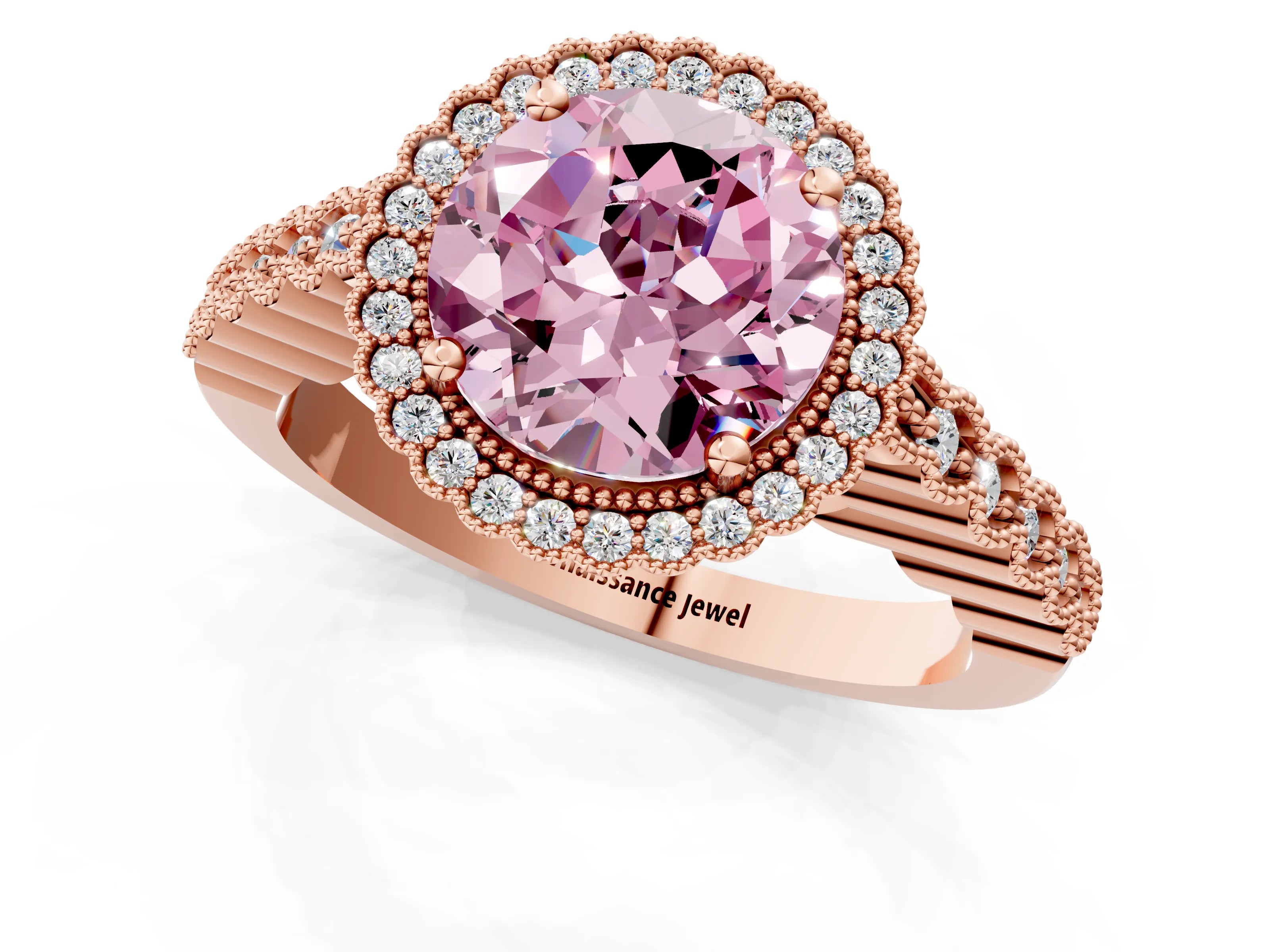 Rose gold Fancy Pink Round Cut Cut Halo Pavé Solitaire Ring with Milgrain Band_1