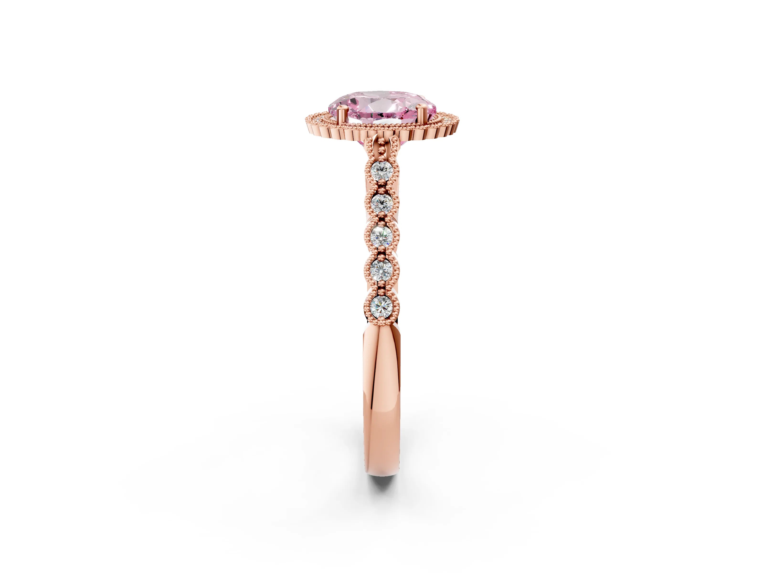 Rose gold Fancy Pink Round Cut Cut Halo Pavé Solitaire Ring with Milgrain Band_2