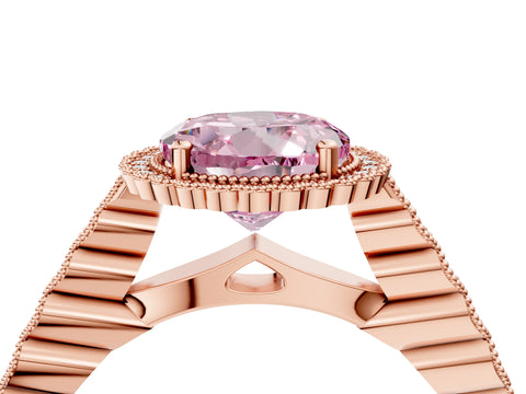 Rose gold Fancy Pink Round Cut Cut Halo Pavé Solitaire Ring with Milgrain Band_4