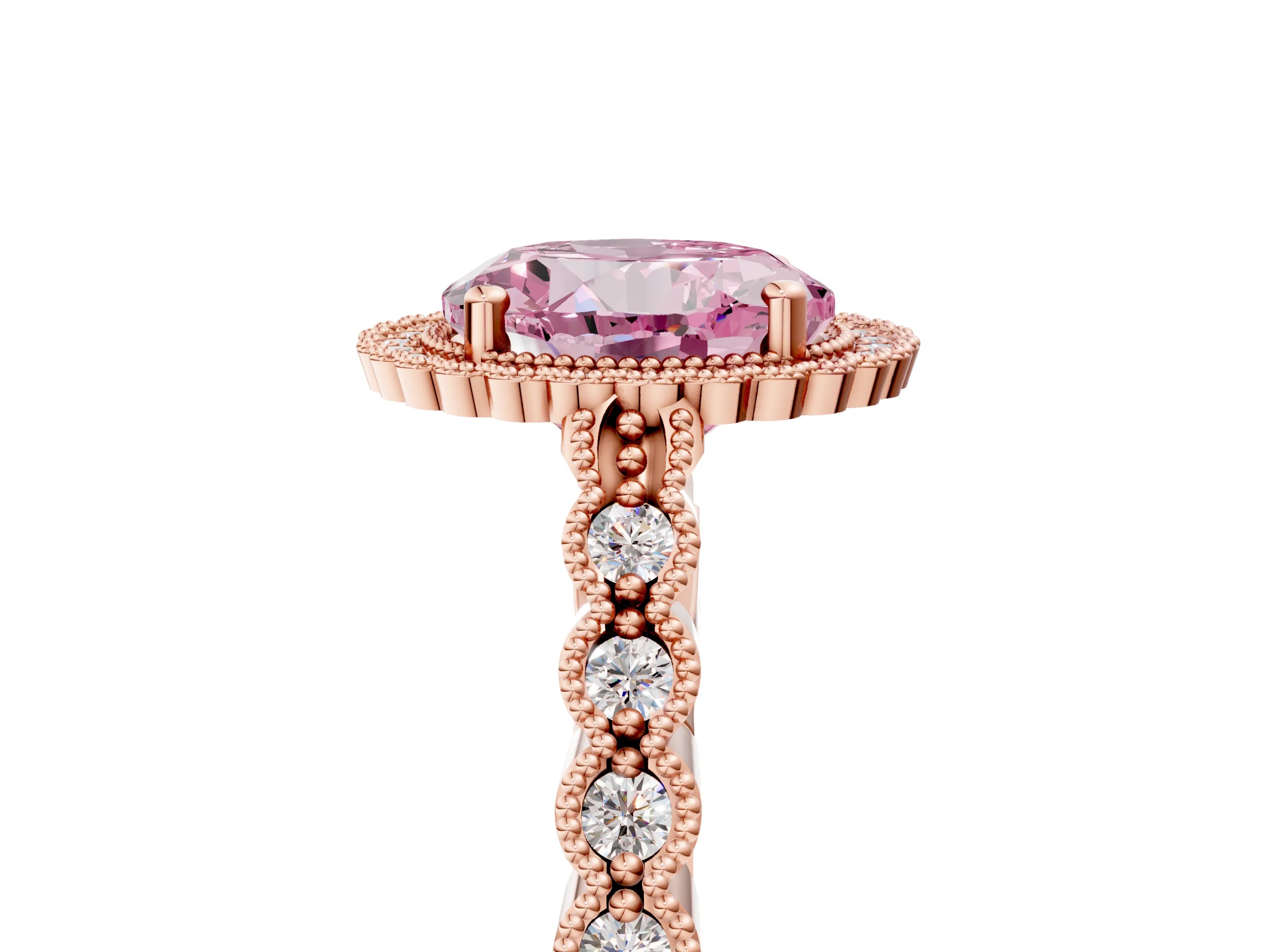 Rose gold Fancy Pink Round Cut Cut Halo Pavé Solitaire Ring with Milgrain Band_5