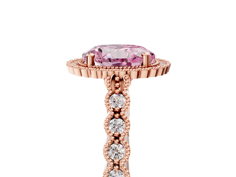 Rose gold Fancy Pink Round Cut Cut Halo Pavé Solitaire Ring with Milgrain Band_5