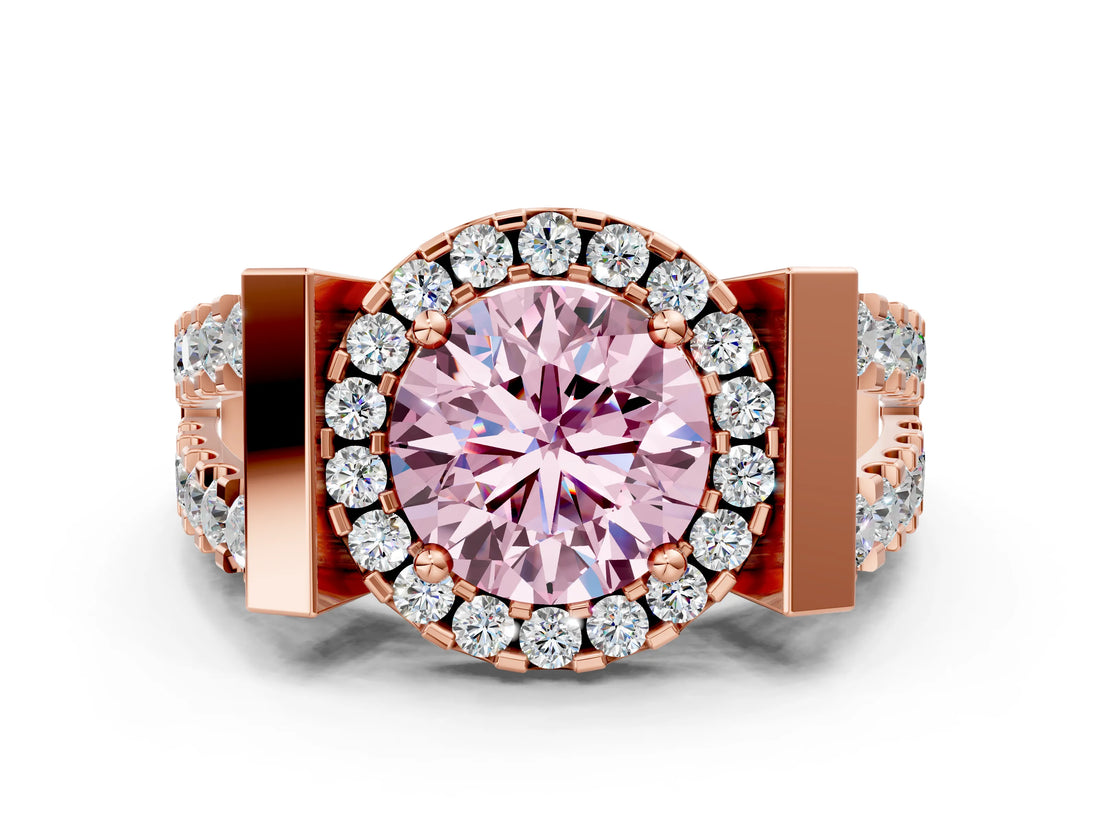 Rose gold Fancy Pink Round Cut Cut Halo Split Shank Prong Set Ring