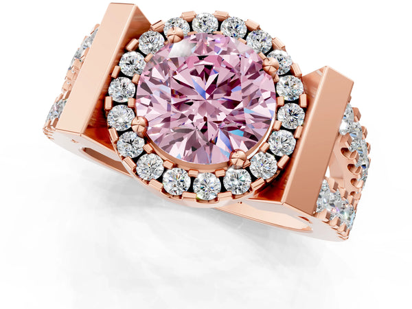 Rose Gold Round Halo Engagement Ring Setting for Fancy Pink Center with Bar Shoulders