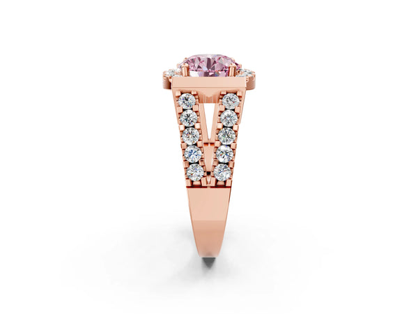 Rose Gold Round Halo Engagement Ring Setting for Fancy Pink Center with Bar Shoulders