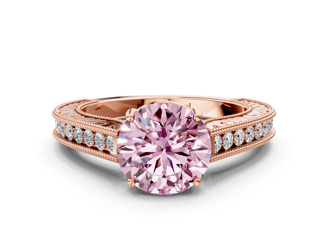 Rose gold Fancy Pink Round Cut Cut Pave Band Milgrain Solitaire Ring