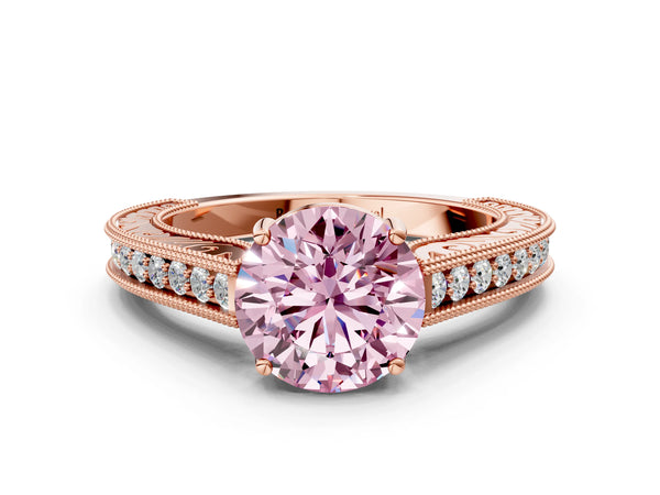 Rose gold Fancy Pink Round Cut Cut Pave Band Milgrain Solitaire Ring