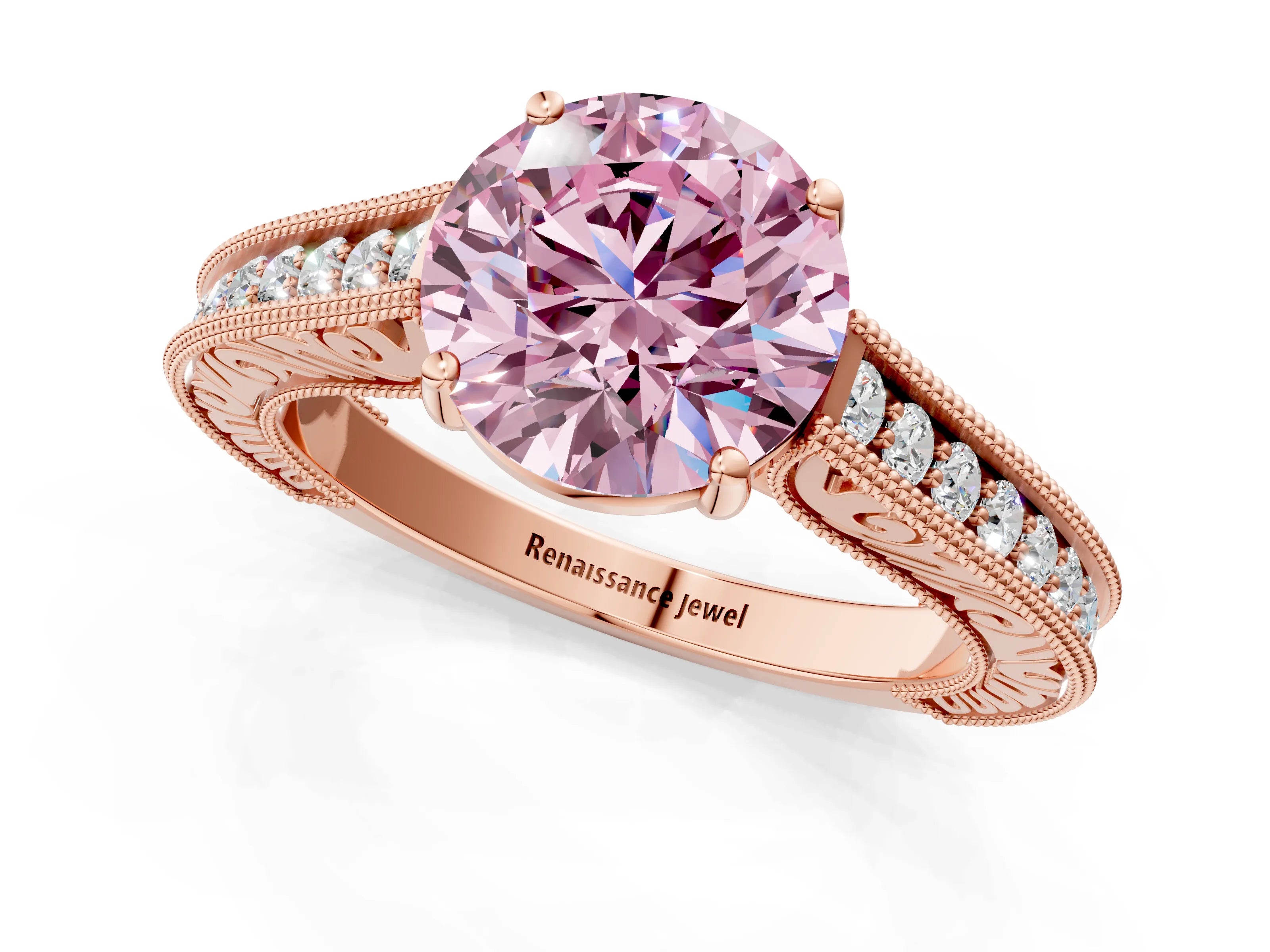 Rose gold Fancy Pink Round Cut Cut Pave Band Milgrain Solitaire Ring_1