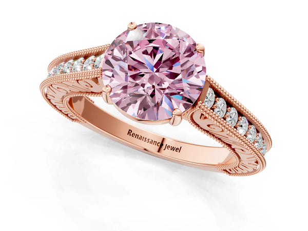 Rose gold Fancy Pink Round Cut Cut Pave Band Milgrain Solitaire Ring