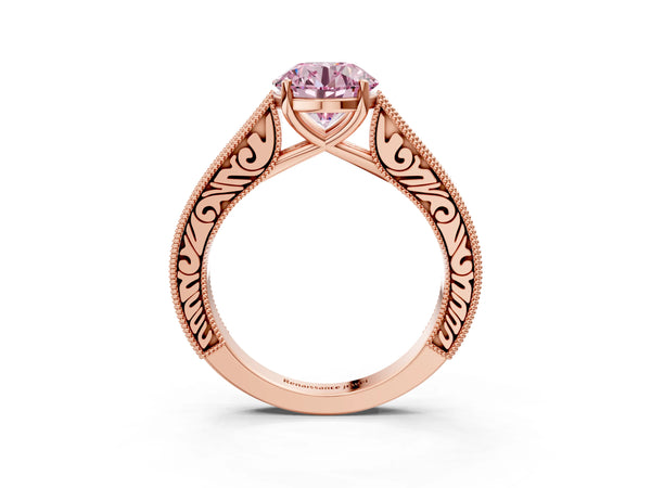 Rose gold Fancy Pink Round Cut Cut Pave Band Milgrain Solitaire Ring