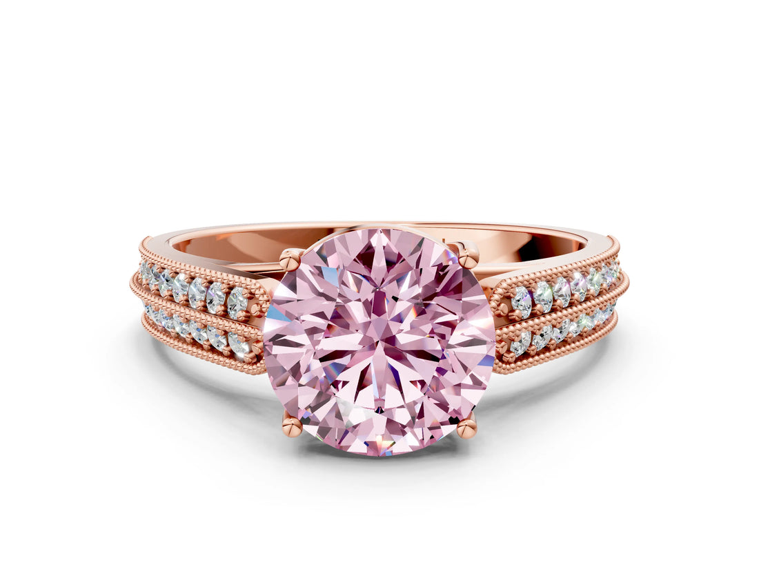 Rose gold Fancy Pink Round Cut Cut Pave Split Shank Engagement Ring with Four-Prong Setting