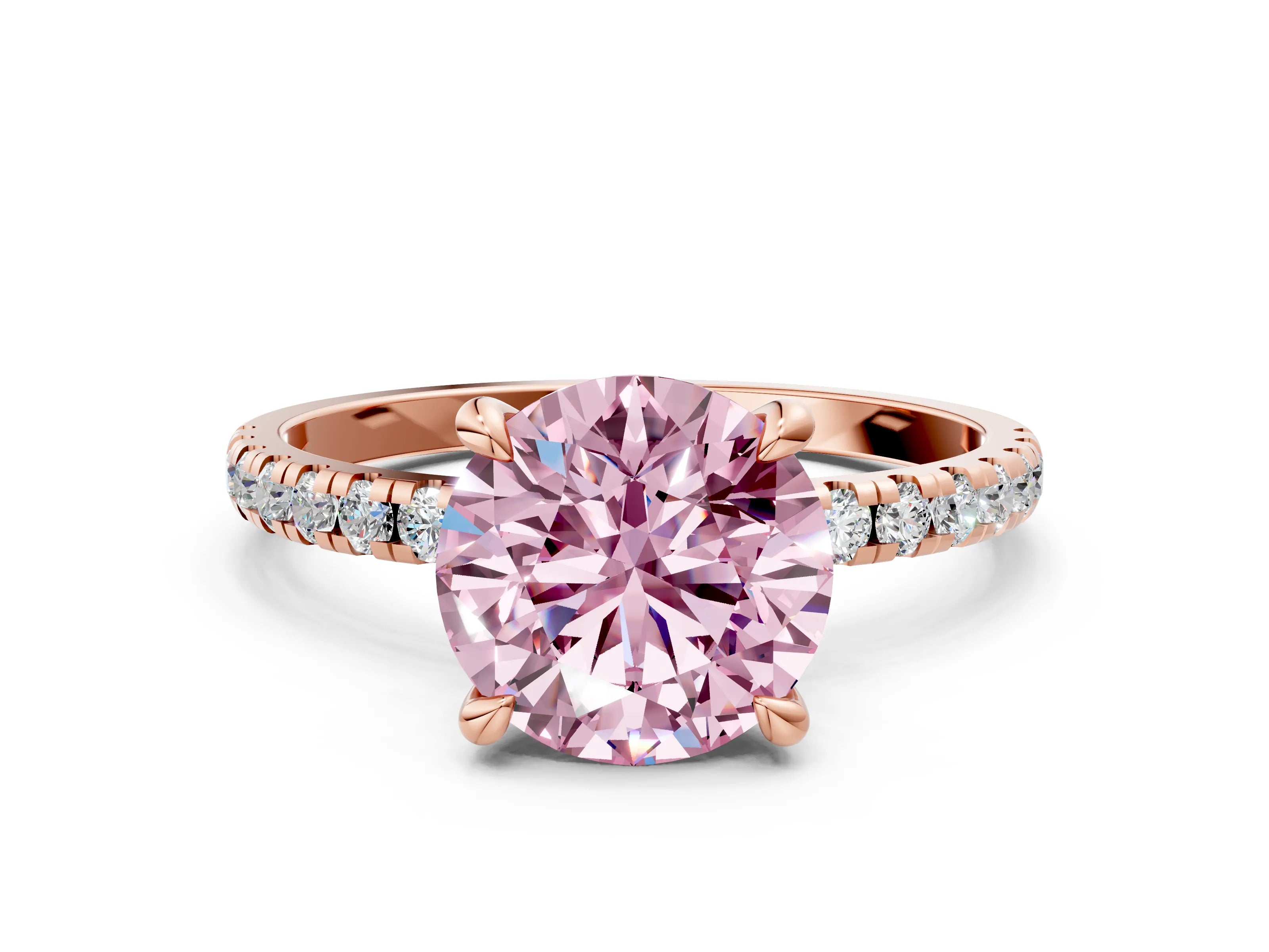 Rose gold Fancy Pink Round Cut Diamond Brilliant Solitaire Ring with Pavé Band and Four-Prong Setting