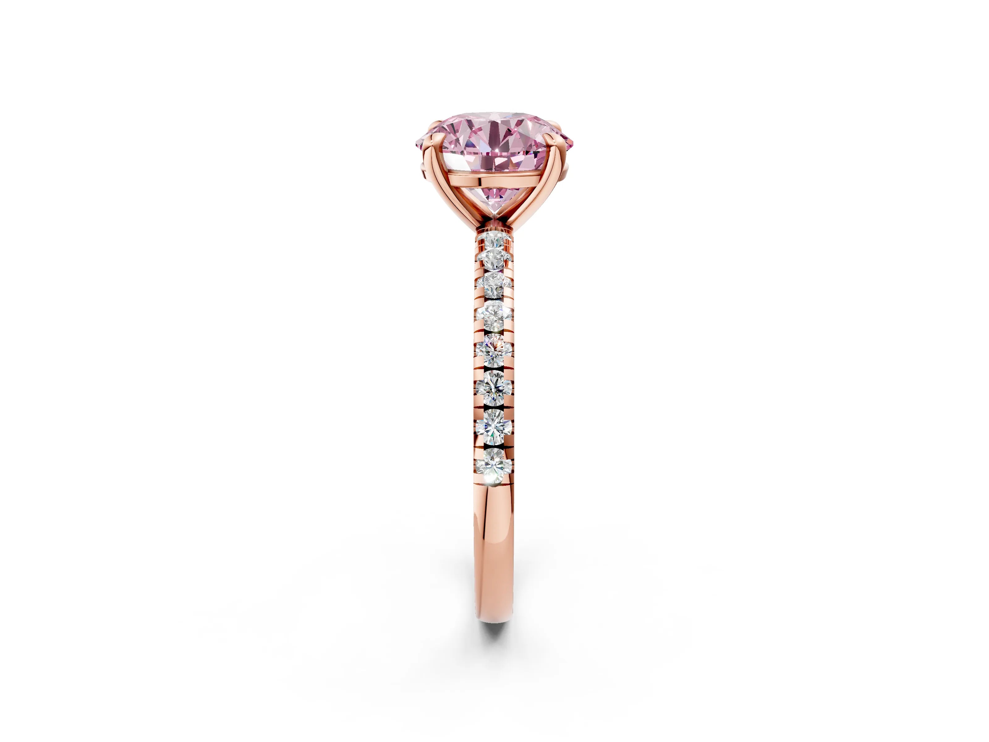 Rose gold Fancy Pink Round Cut Diamond Brilliant Solitaire Ring with Pavé Band and Four-Prong Setting_2