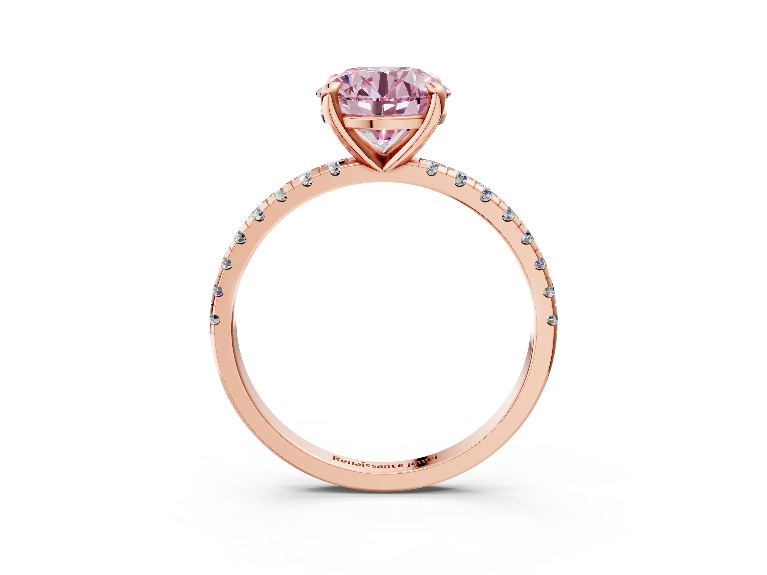 Rose gold Fancy Pink Round Cut Diamond Brilliant Solitaire Ring with Pavé Band and Four-Prong Setting_3