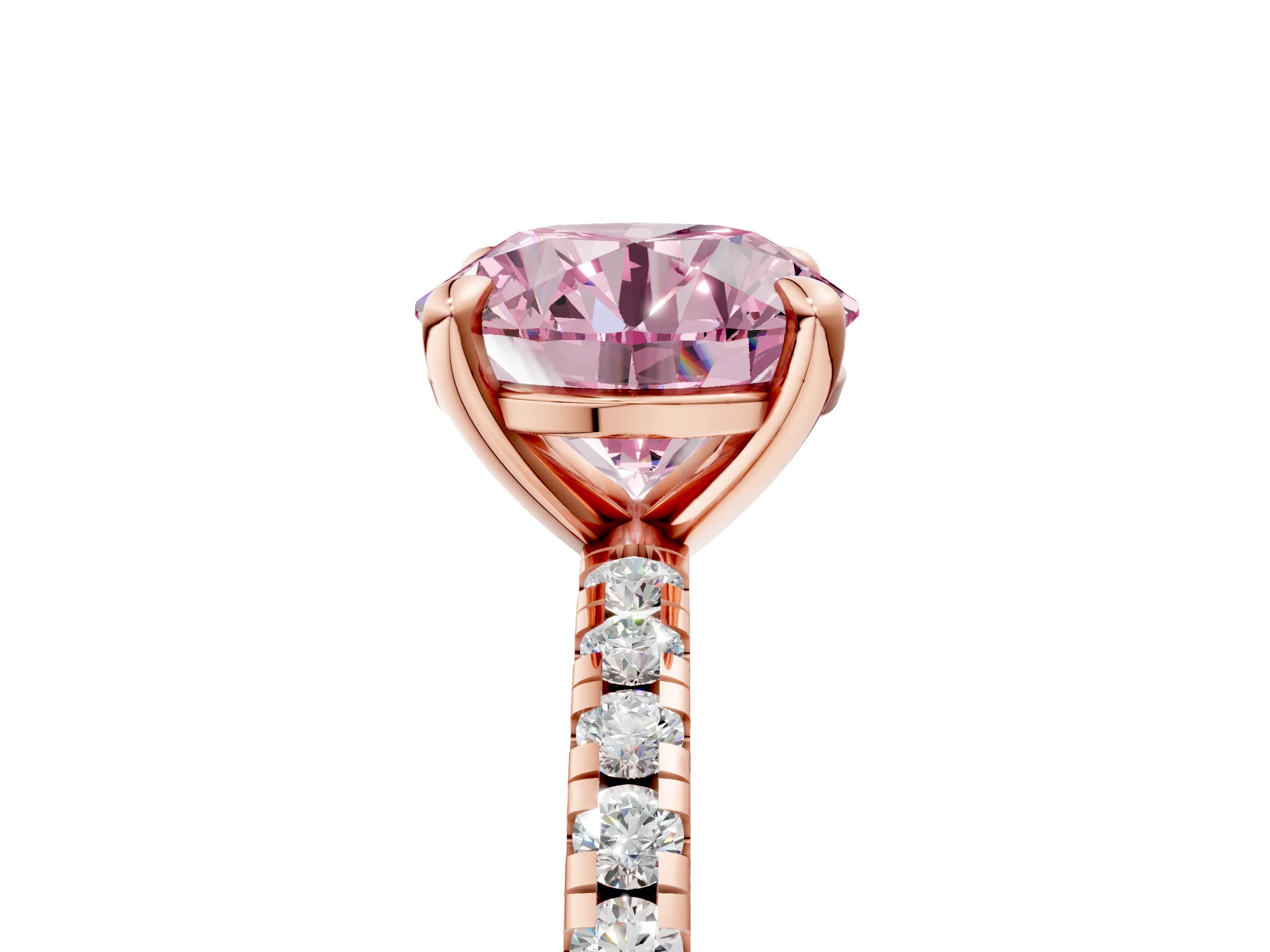 Rose gold Fancy Pink Round Cut Diamond Brilliant Solitaire Ring with Pavé Band and Four-Prong Setting_5