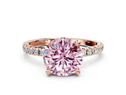 Rose gold Fancy Pink Round Cut Diamond Brilliant Solitaire Ring with Pavé Band and Four-Prong Setting