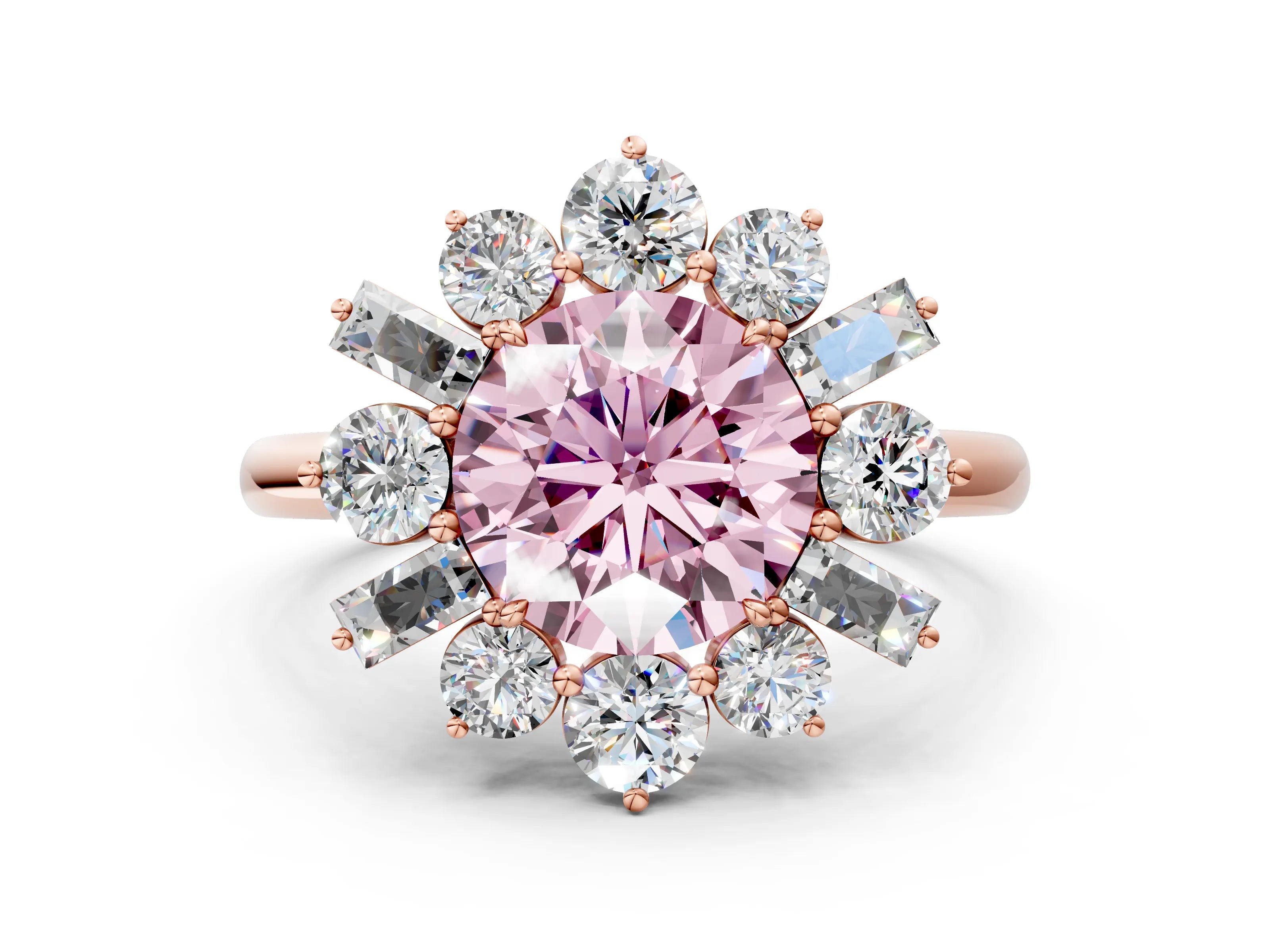 Rose gold Fancy Pink Round Cut Diamond Cluster Ring with Round and Baguette Stones, Split Shank Band, Prong Setting