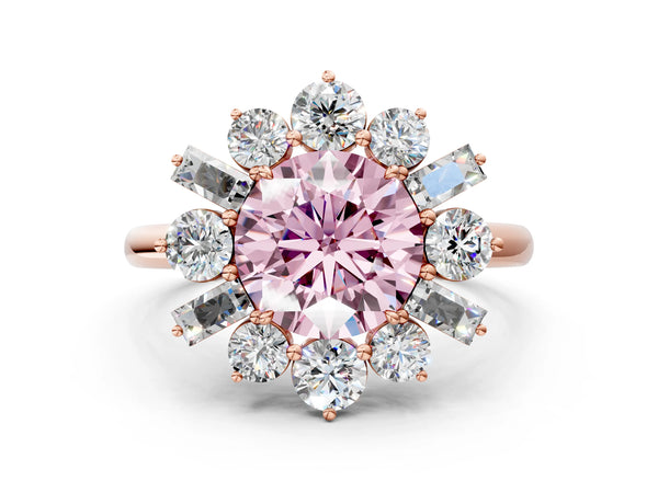 Rose gold Fancy Pink Round Cut Diamond Cluster Ring with Round and Baguette Stones, Split Shank Band, Prong Setting