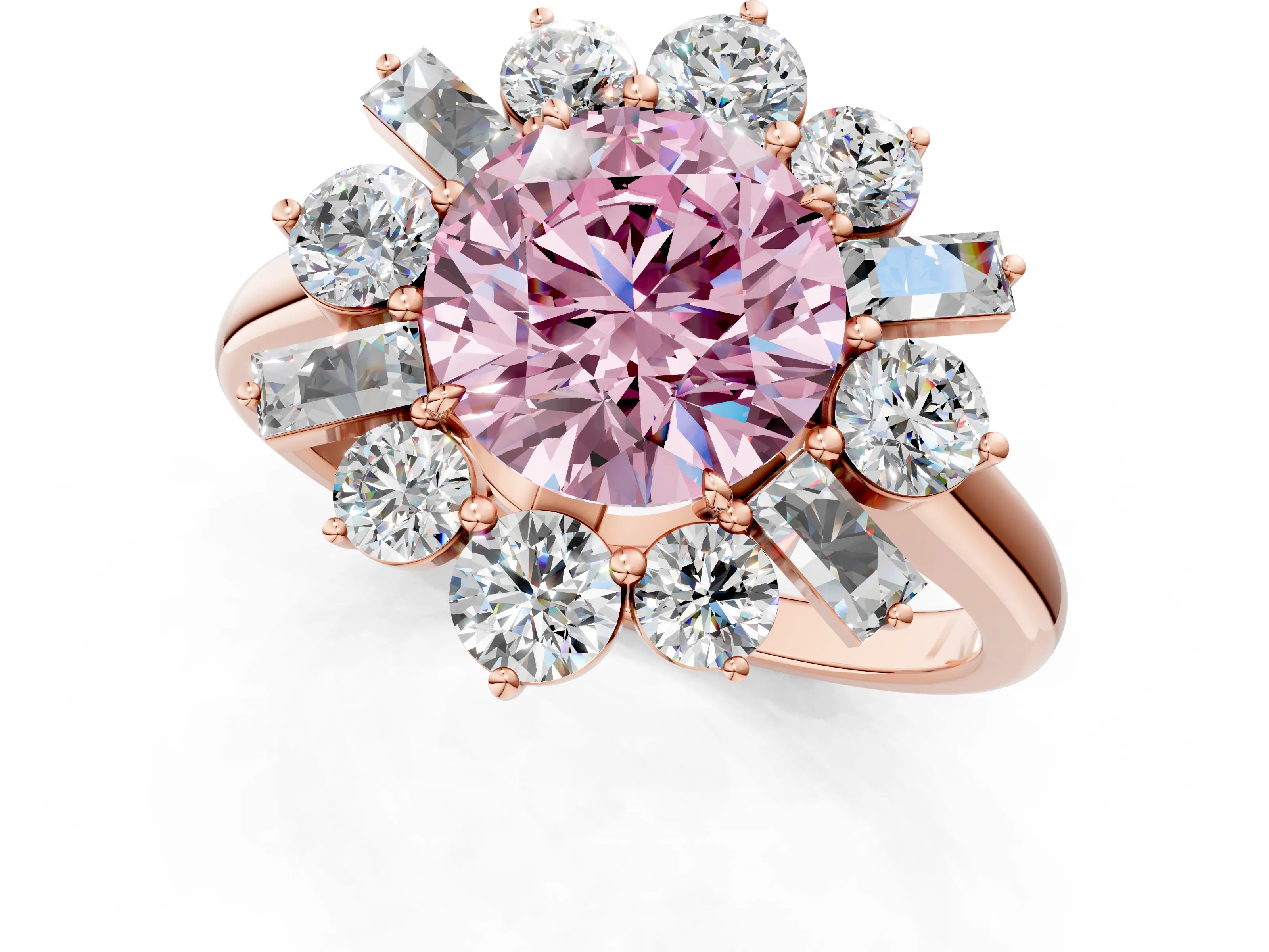 Rose gold Fancy Pink Round Cut Diamond Cluster Ring with Round and Baguette Stones, Split Shank Band, Prong Setting_1