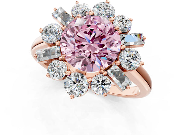 Rose gold Fancy Pink Round Cut Diamond Cluster Ring with Round and Baguette Stones, Split Shank Band, Prong Setting