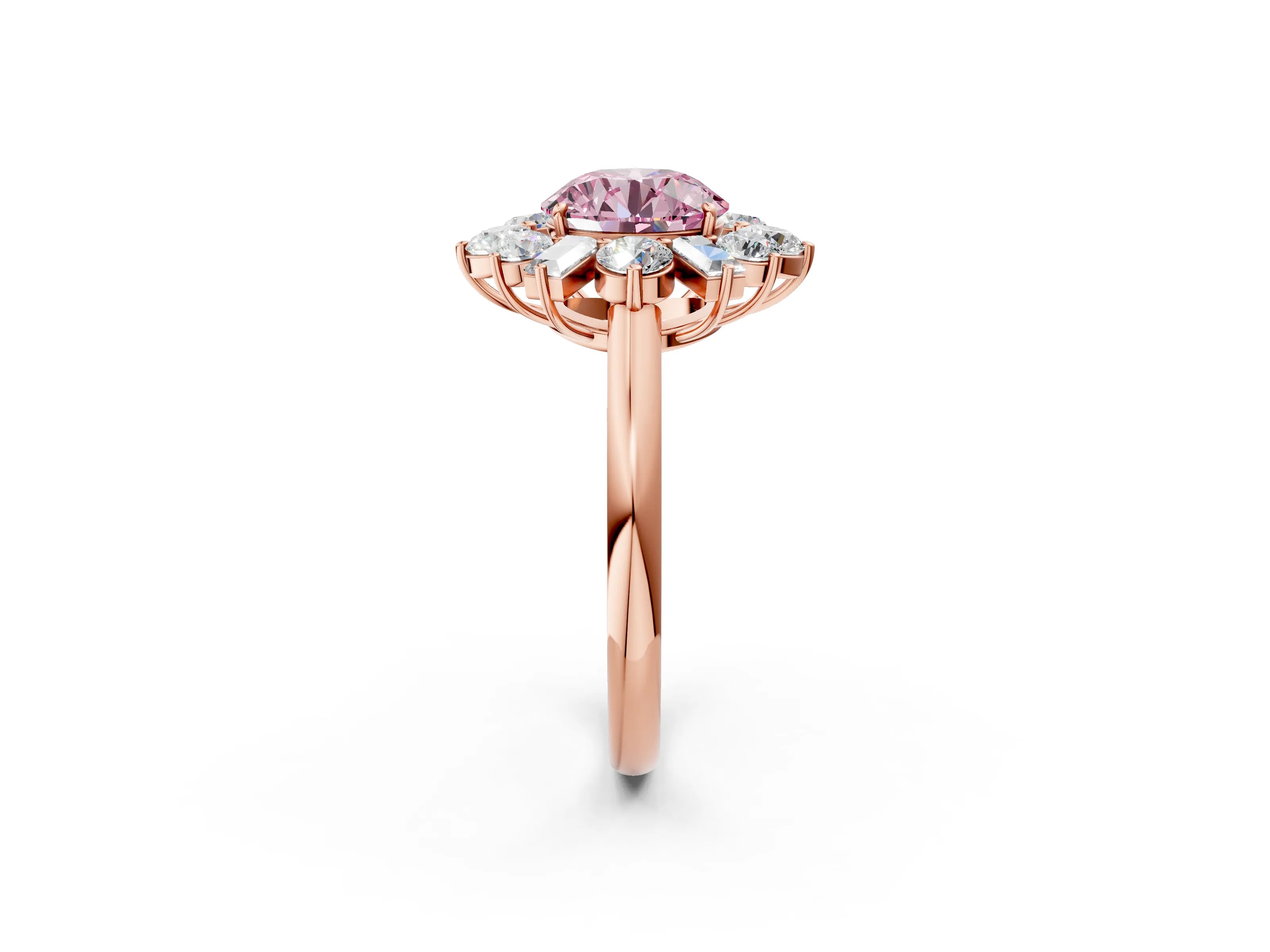 Rose gold Fancy Pink Round Cut Diamond Cluster Ring with Round and Baguette Stones, Split Shank Band, Prong Setting_2