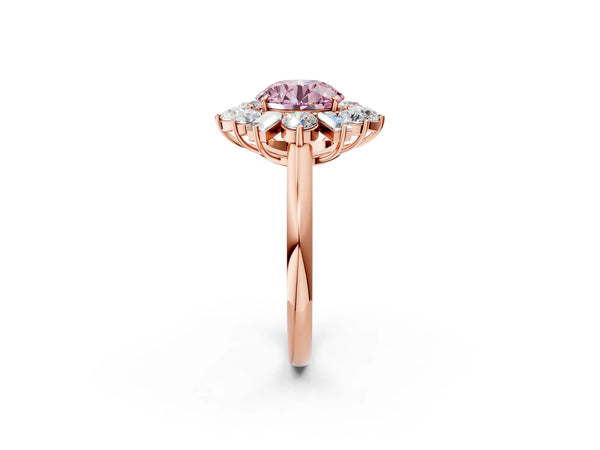 Rose gold Fancy Pink Round Cut Diamond Cluster Ring with Round and Baguette Stones, Split Shank Band, Prong Setting