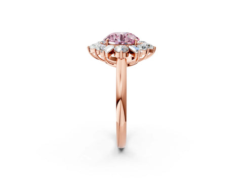 Rose gold Fancy Pink Round Cut Diamond Cluster Ring with Round and Baguette Stones, Split Shank Band, Prong Setting_2