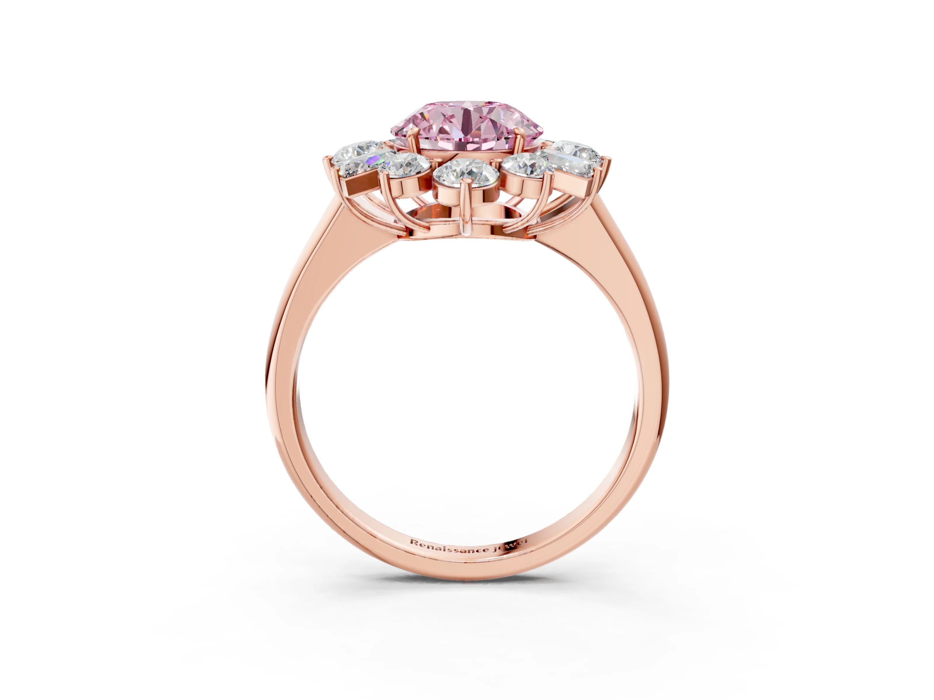 Rose gold Fancy Pink Round Cut Diamond Cluster Ring with Round and Baguette Stones, Split Shank Band, Prong Setting_3