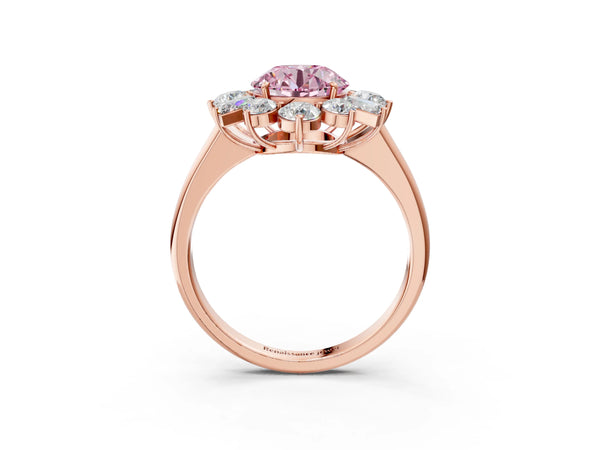 Rose gold Fancy Pink Round Cut Diamond Cluster Ring with Round and Baguette Stones, Split Shank Band, Prong Setting