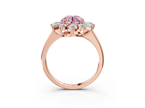 Rose gold Fancy Pink Round Cut Diamond Cluster Ring with Round and Baguette Stones, Split Shank Band, Prong Setting_3