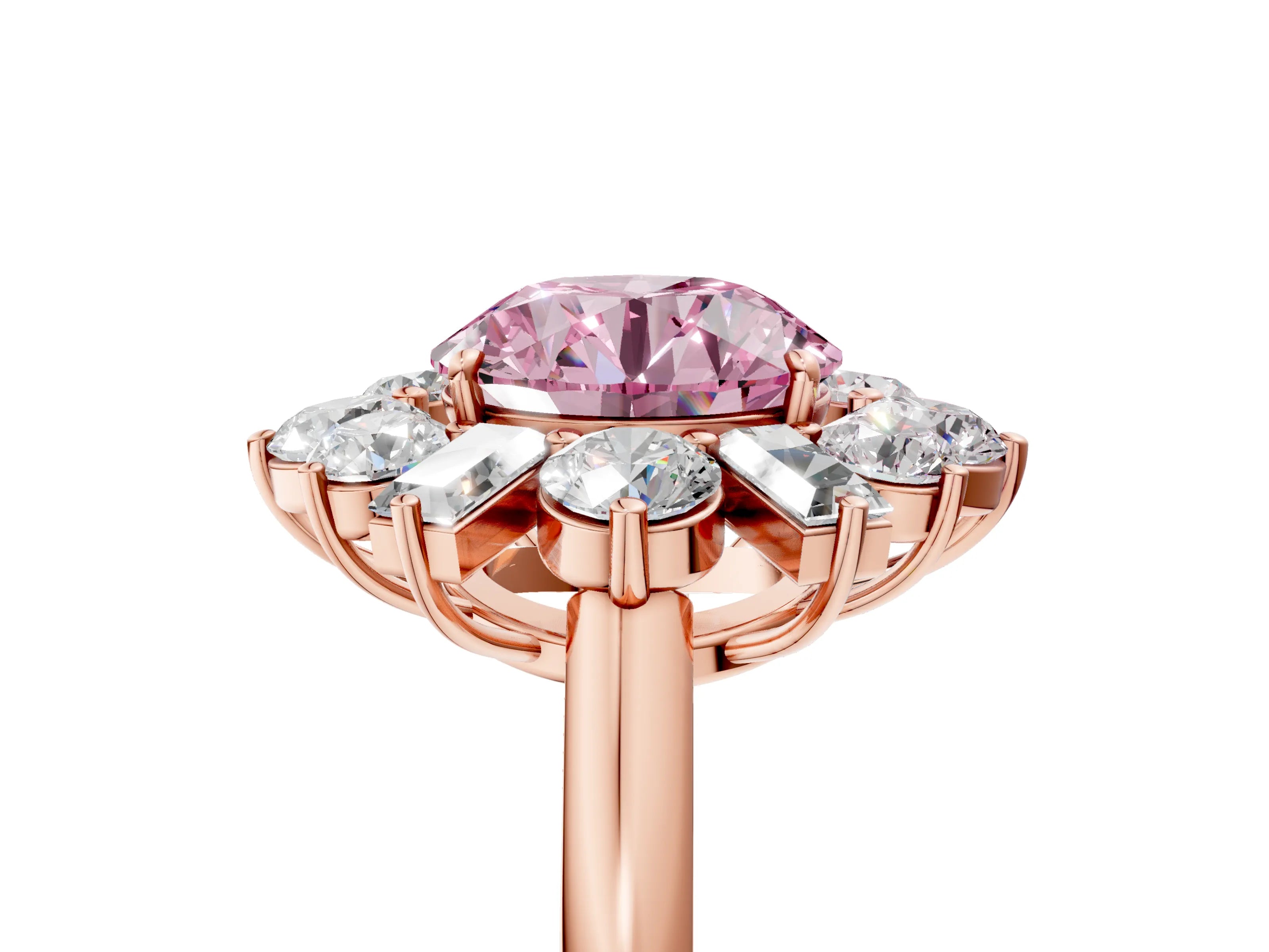 Rose gold Fancy Pink Round Cut Diamond Cluster Ring with Round and Baguette Stones, Split Shank Band, Prong Setting_5