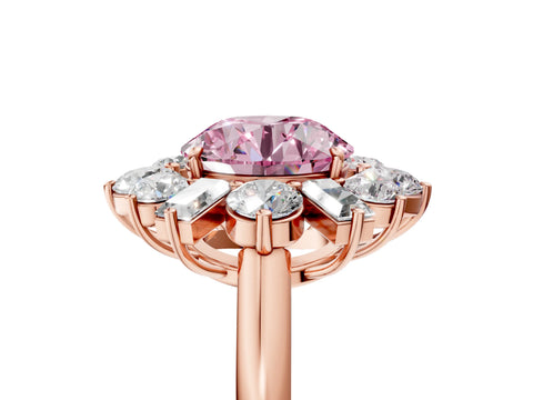 Rose gold Fancy Pink Round Cut Diamond Cluster Ring with Round and Baguette Stones, Split Shank Band, Prong Setting_5