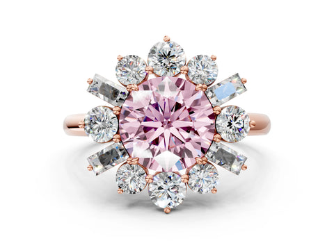 Rose gold Fancy Pink Round Cut Diamond Cluster Ring with Round and Baguette Stones, Split Shank Band, Prong Setting