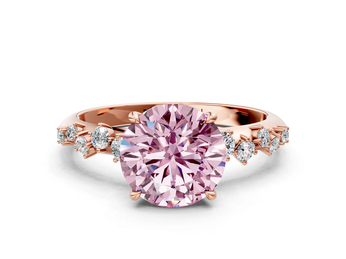 Rose gold Fancy Pink Round Cut Diamond Cluster Side Stone Solitaire Ring with Prong Setting_29
