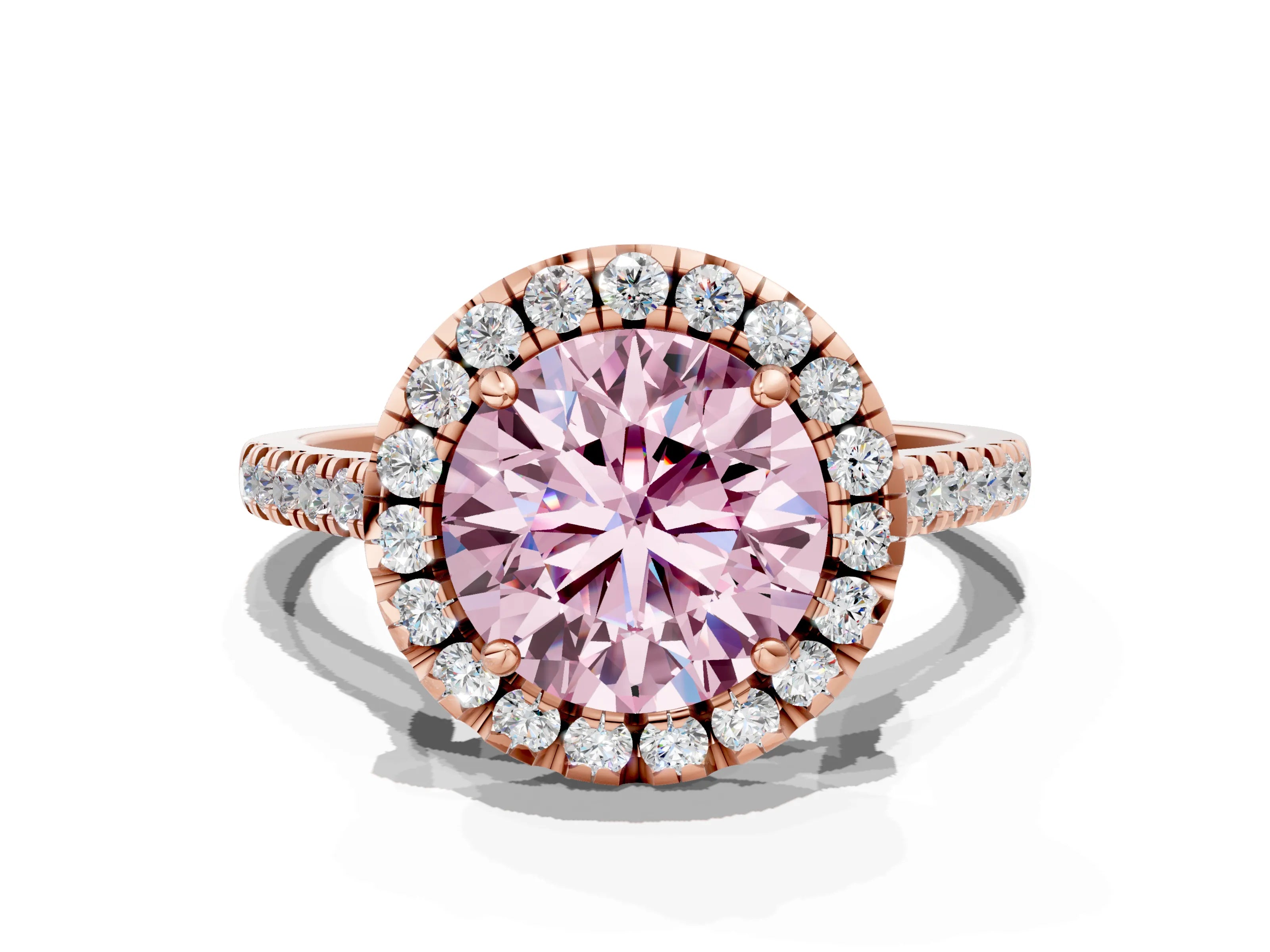 Rose gold Fancy Pink Round Cut Diamond Cushion Halo Ring with Pavé Band